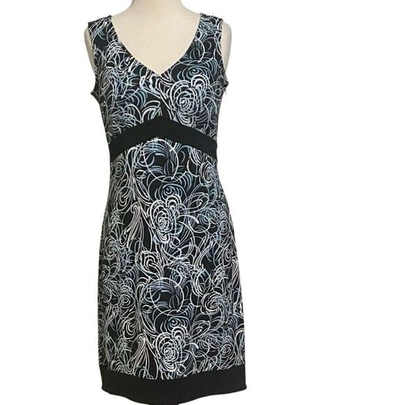 Ann Taylor Loft Sleeveless Dress Sz 2 Black with Teal & White Swirls Side Zipper - Picture 1 of 9
